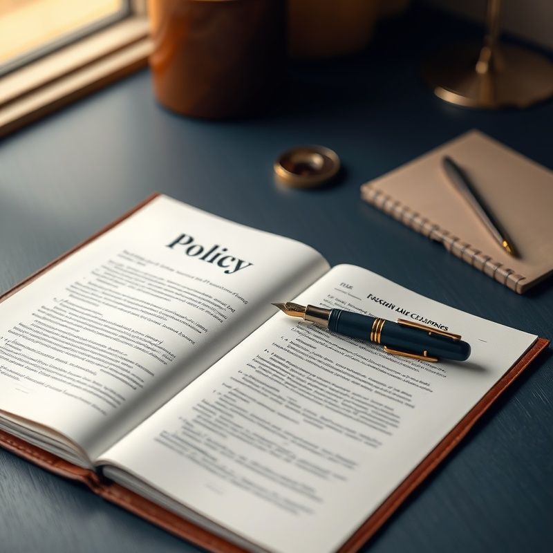 Document de asigurare deschis pe un birou în tonuri indigo, cu un stilou alături